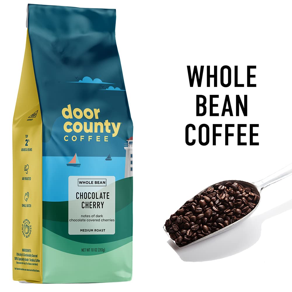 Door County Coffee & Tea Co. Chocolate Cherry label close-up; premium aroma preview for flavor-first mornings.