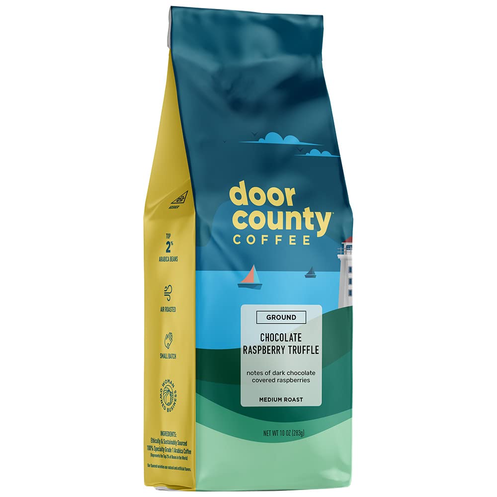 Door County Coffee Chocolate Raspberry Truffle 10oz bag with indulgent aroma for mornings.