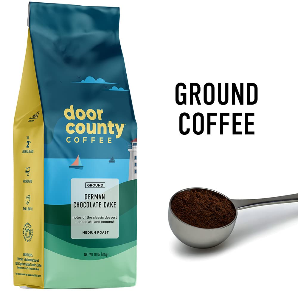 Door County Coffee German Chocolate Cake ground coffee pours smoothly for drip or pour-over brews.