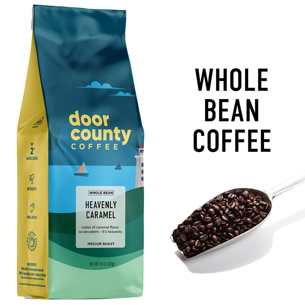 Door County Coffee Heavenly Caramel cup shows buttery sweetness for cozy afternoons.