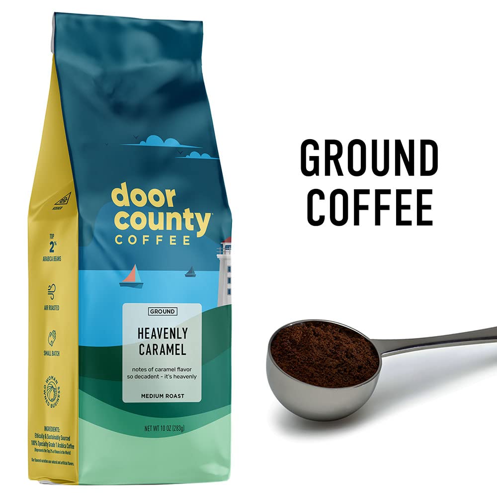 Door County Coffee Heavenly Caramel Ground 10oz bag back view shows flavor notes and sourcing