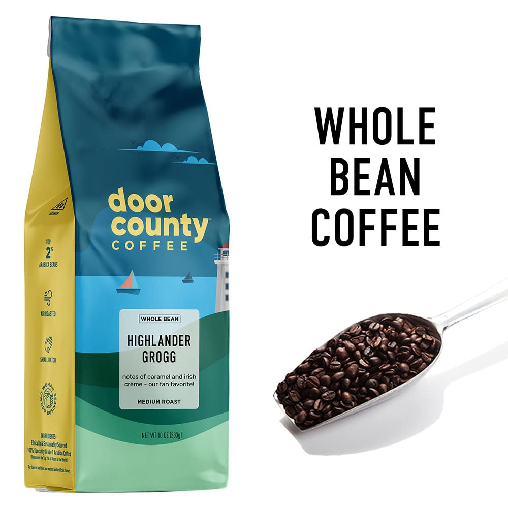 Close-up of Door County Coffee Highlander Grogg label highlighting flavor notes and craft.
