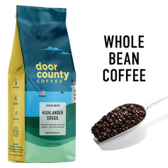 Close-up of Door County Coffee Highlander Grogg label highlighting flavor notes and craft.