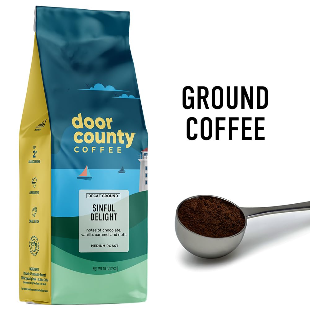 Door County Coffee Sinful Delight Decaf bag with premium Arabica beans.