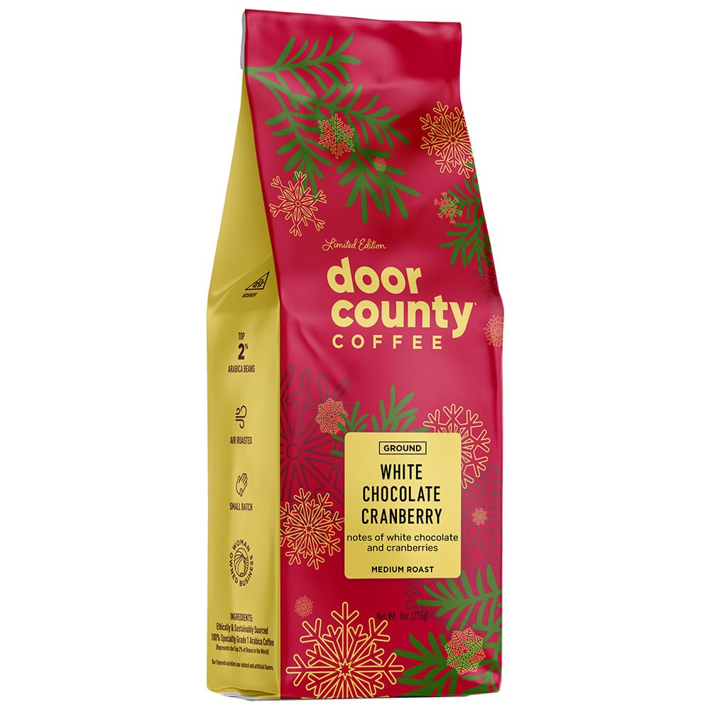 Door County Coffee White Chocolate Cranberry ground bag ready for festive mornings.