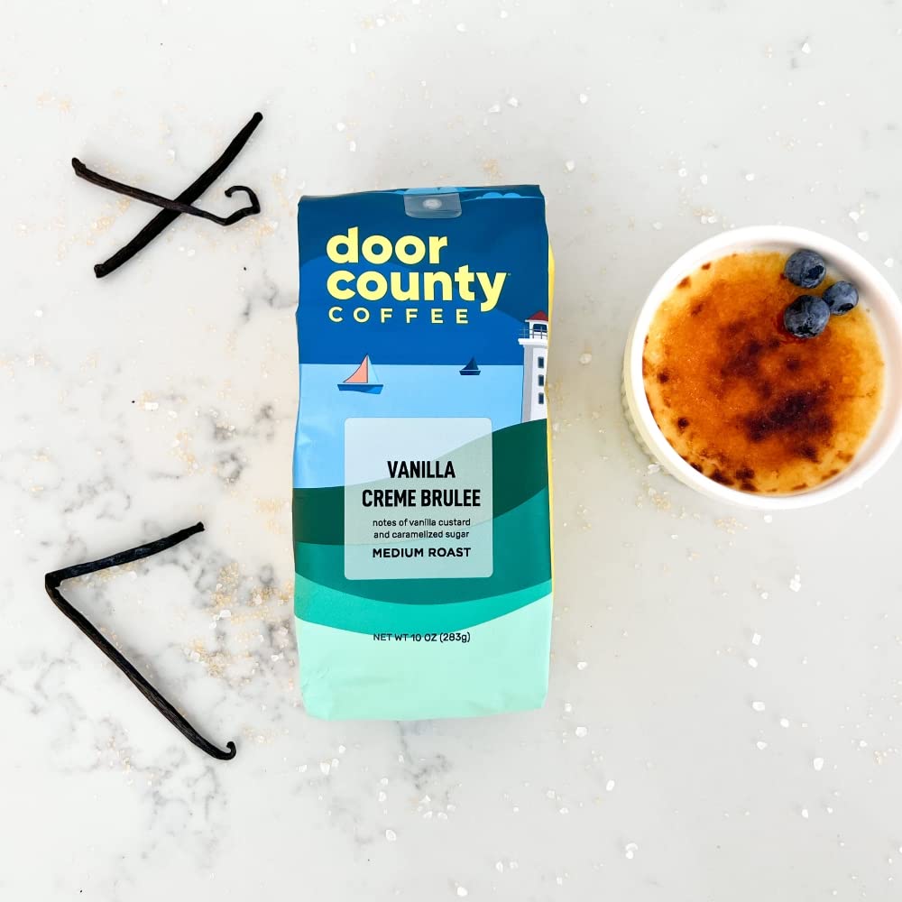 Door County Vanilla Creme Brulee Decaf cup steaming for a cozy morning.