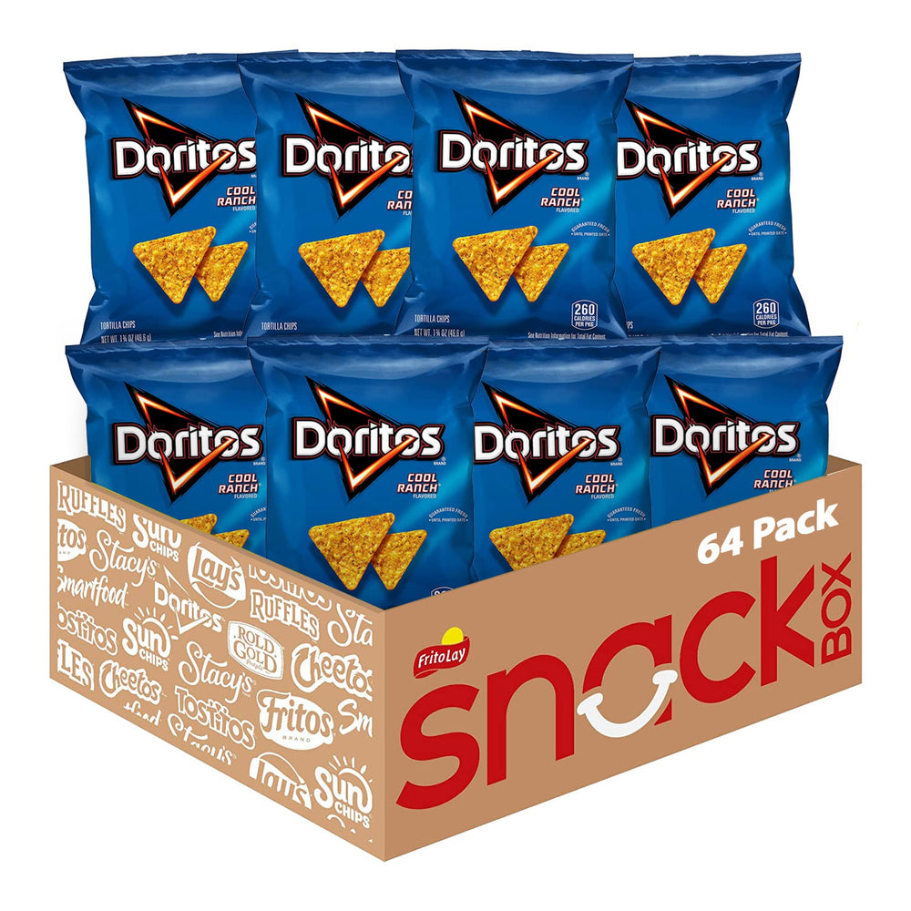 Doritos Cool Ranch 64-pack bags displayed for convenient movie-night snacking.