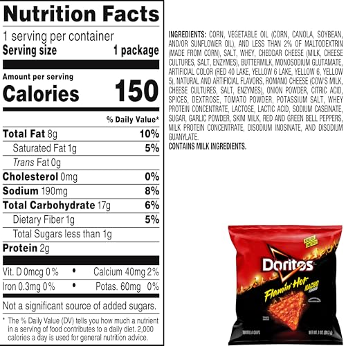 Doritos Flamin' Hot Nacho closeup chips show fiery seasoning and crunchy texture.