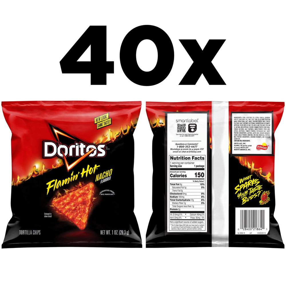 Doritos Flamin' Hot Nacho packaging highlights individually wrapped, single-serve portions.