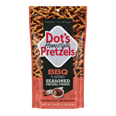 Dots Homestyle Pretzels BBQ Twist bag closeup; bold flavor and satisfying crunch