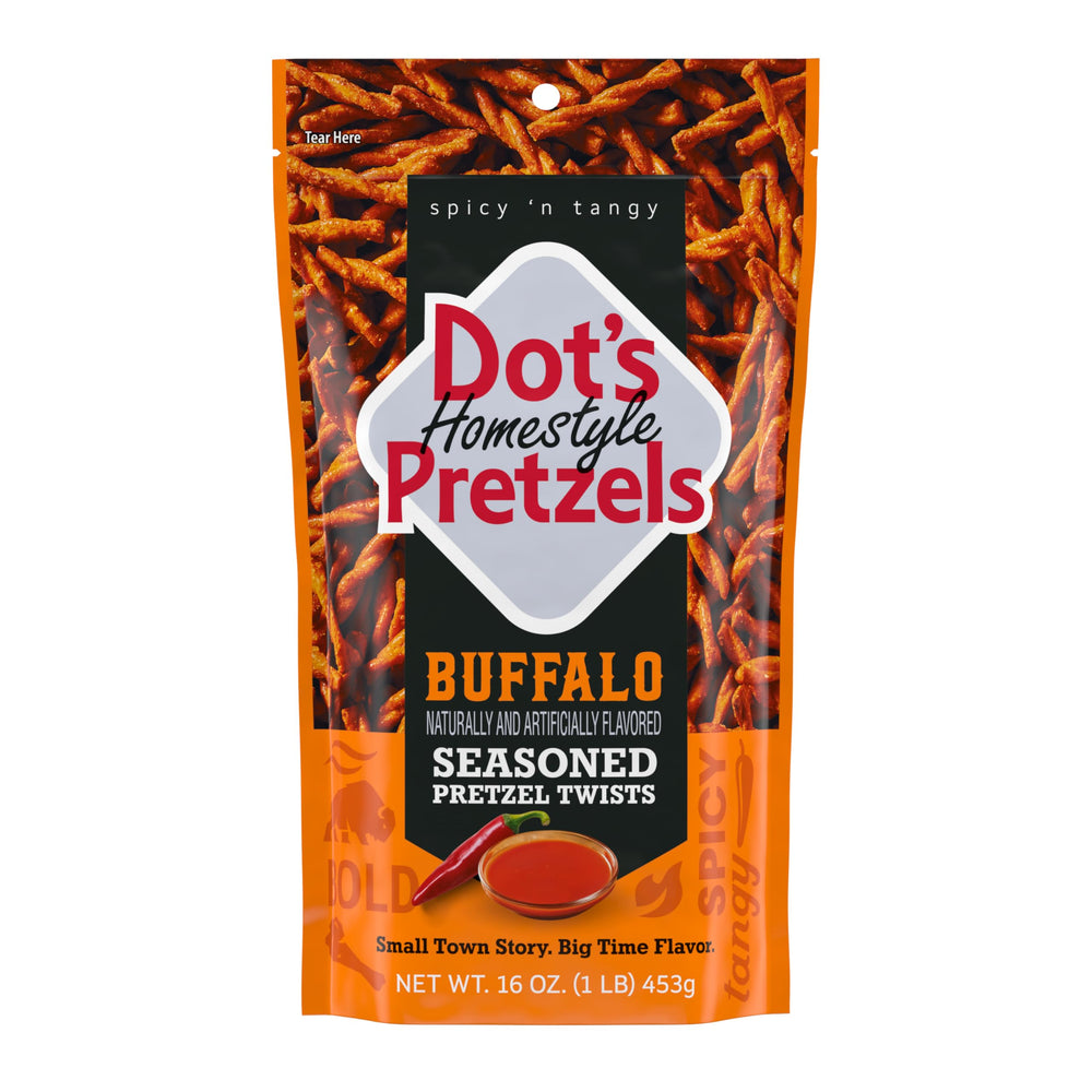 Dot's Homestyle Buffalo pretzels front bag; resealable packaging for easy sharing.