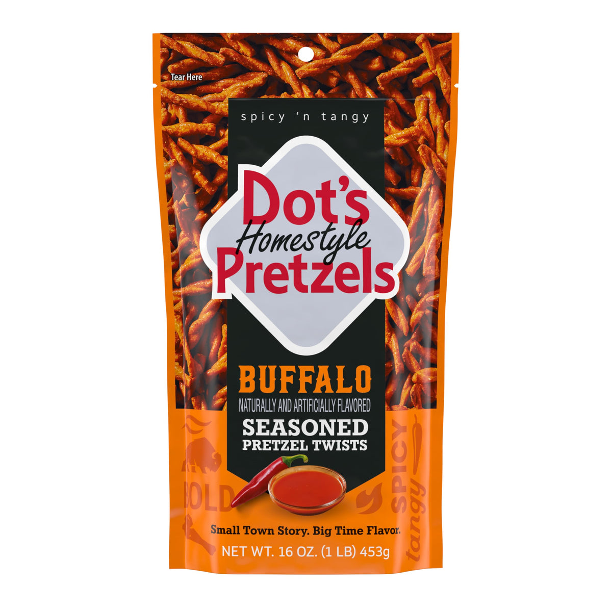Dot's Homestyle Buffalo pretzels front bag; resealable packaging for easy sharing.