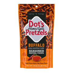 Dot's Homestyle Buffalo pretzels front bag; resealable packaging for easy sharing.