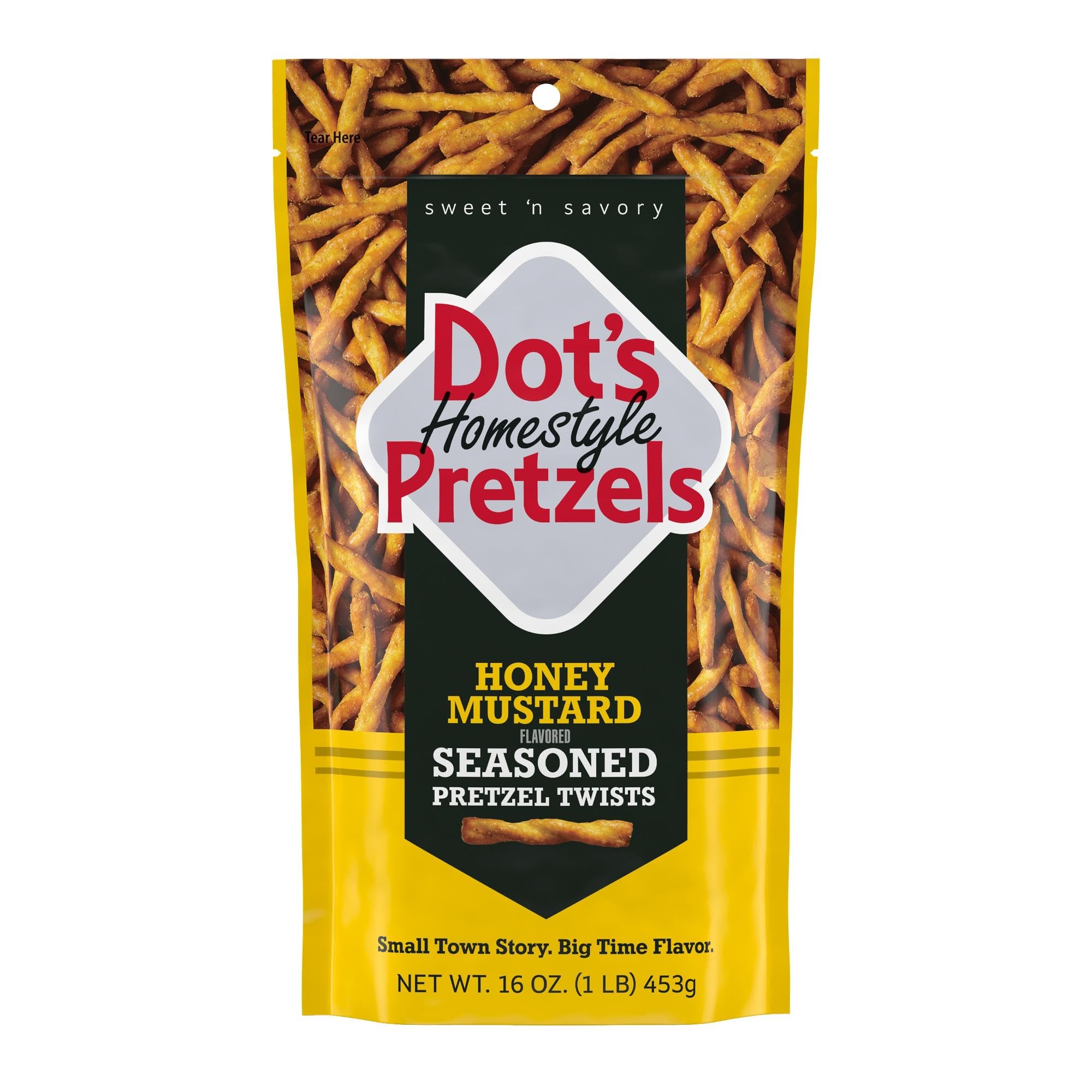 Dot's Homestyle Pretzels Honey Mustard bag front, ideal for quick, flavorful snacking.