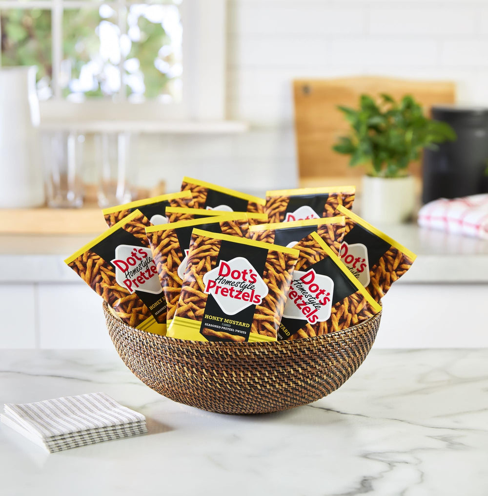Golden baked texture of Dot's Honey Mustard Pretzels, ideal for snacks and dips