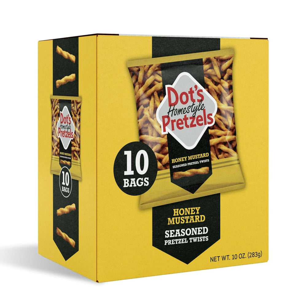 Dot's Homestyle Pretzels honey mustard packaging showing the 10-pack for convenient snacking