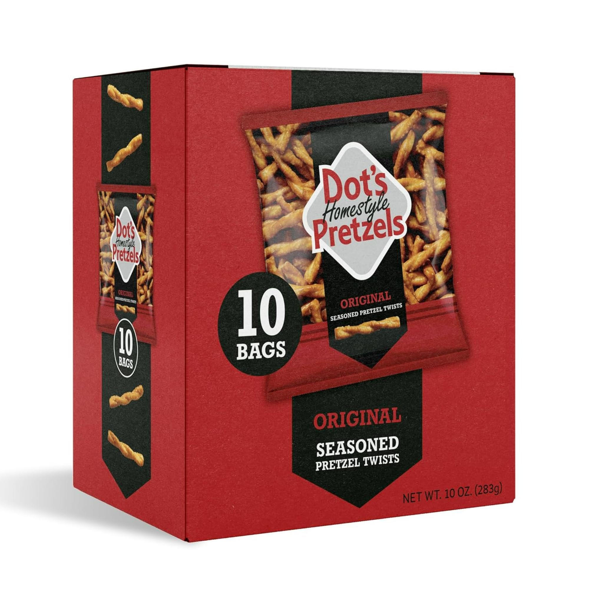 Dots Homestyle Pretzels original seasoned pretzel twists in bag—crunchy on the go.