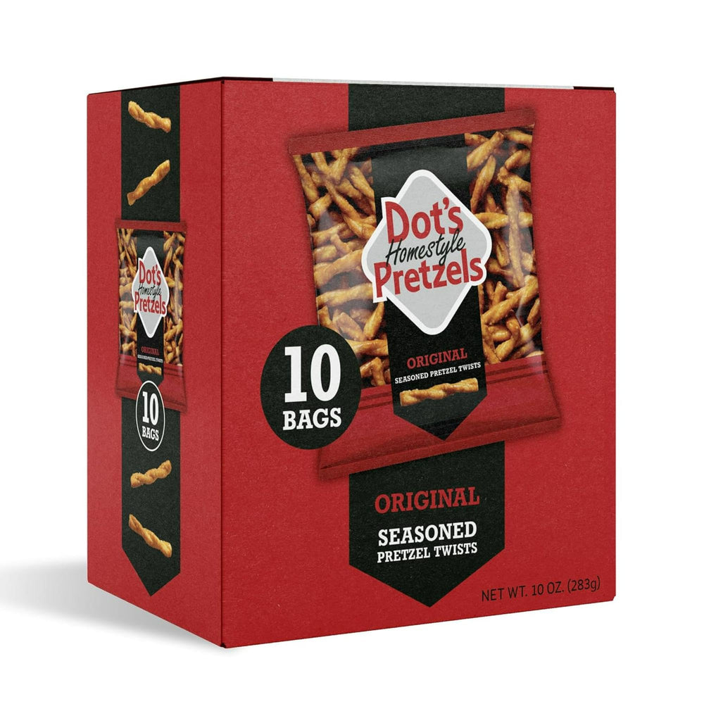 Dots Homestyle Pretzels original seasoned pretzel twists in bag—crunchy on the go.