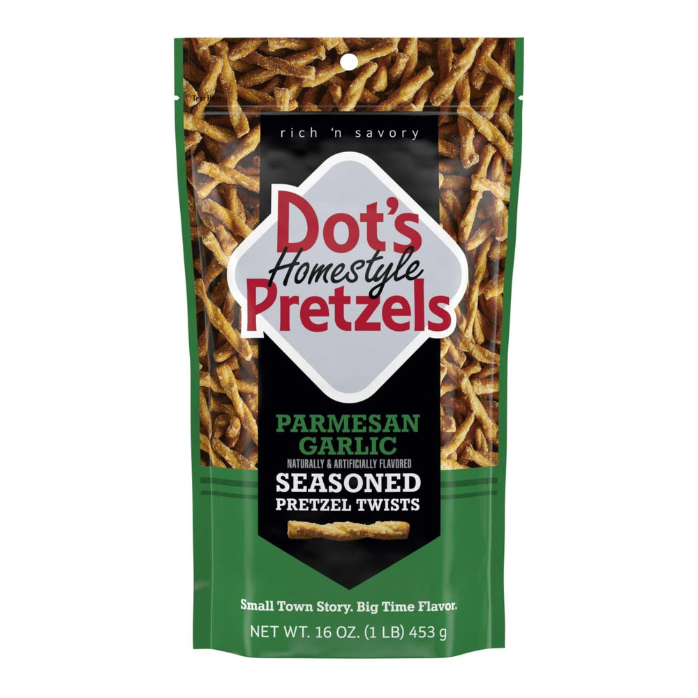 Dot's Homestyle Pretzels Parmesan Garlic twists close-up with bold seasoning for snacking.