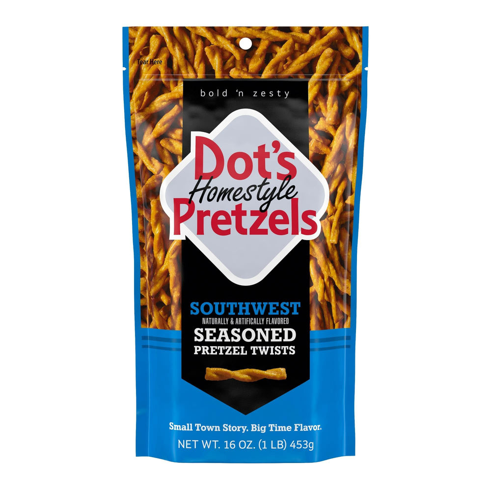 Dot's Homestyle Southwest pretzel twists in a 16oz bag ready to share.