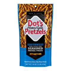 Dot's Homestyle Southwest pretzel twists in a 16oz bag ready to share.