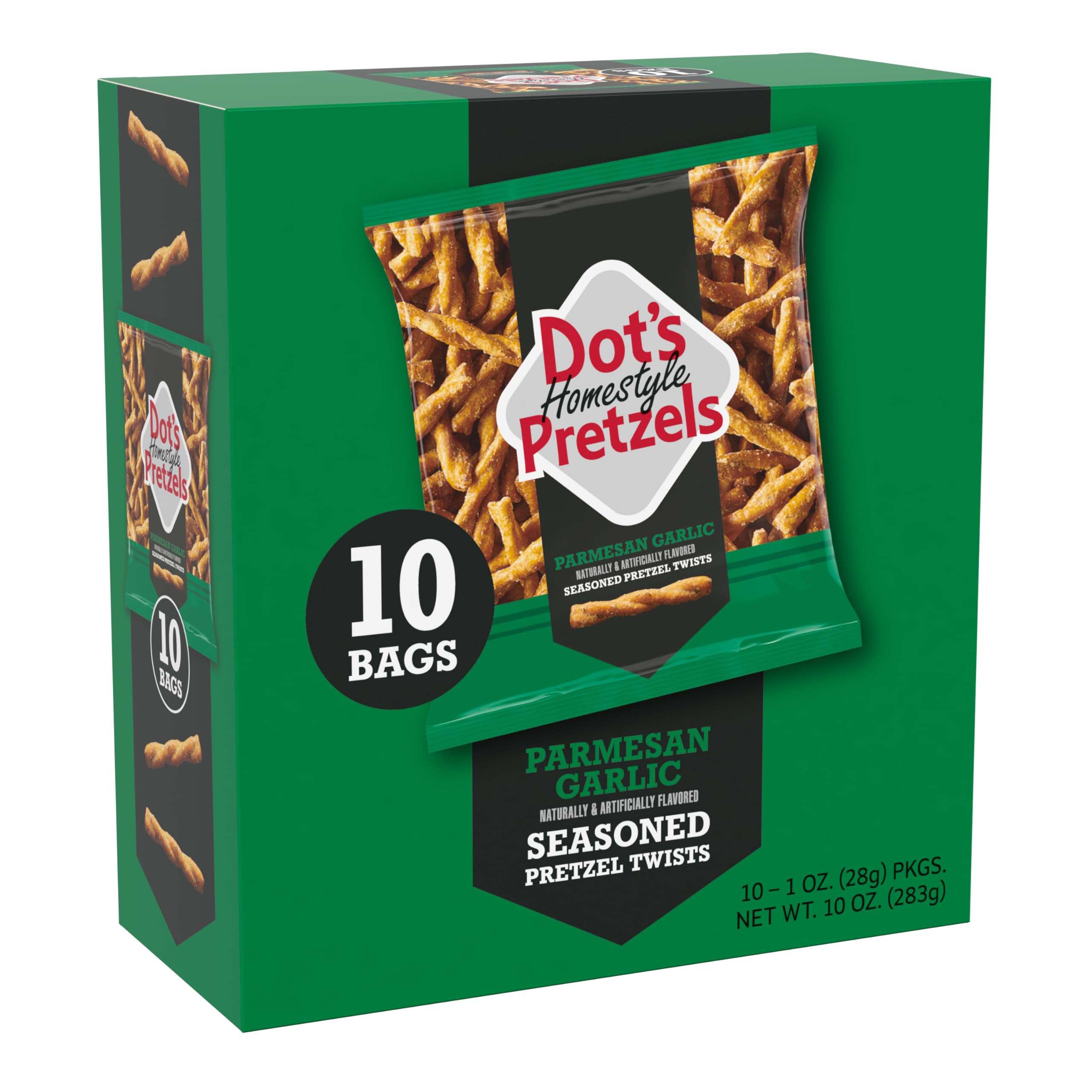 Dot's Parmesan Garlic Pretzel Twist 1oz bag ofrece un bocado sabroso para compartir.