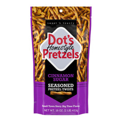 Dot's Pretzels Cinnamon Sugar Twists in bag for quick, satisfying snacking.