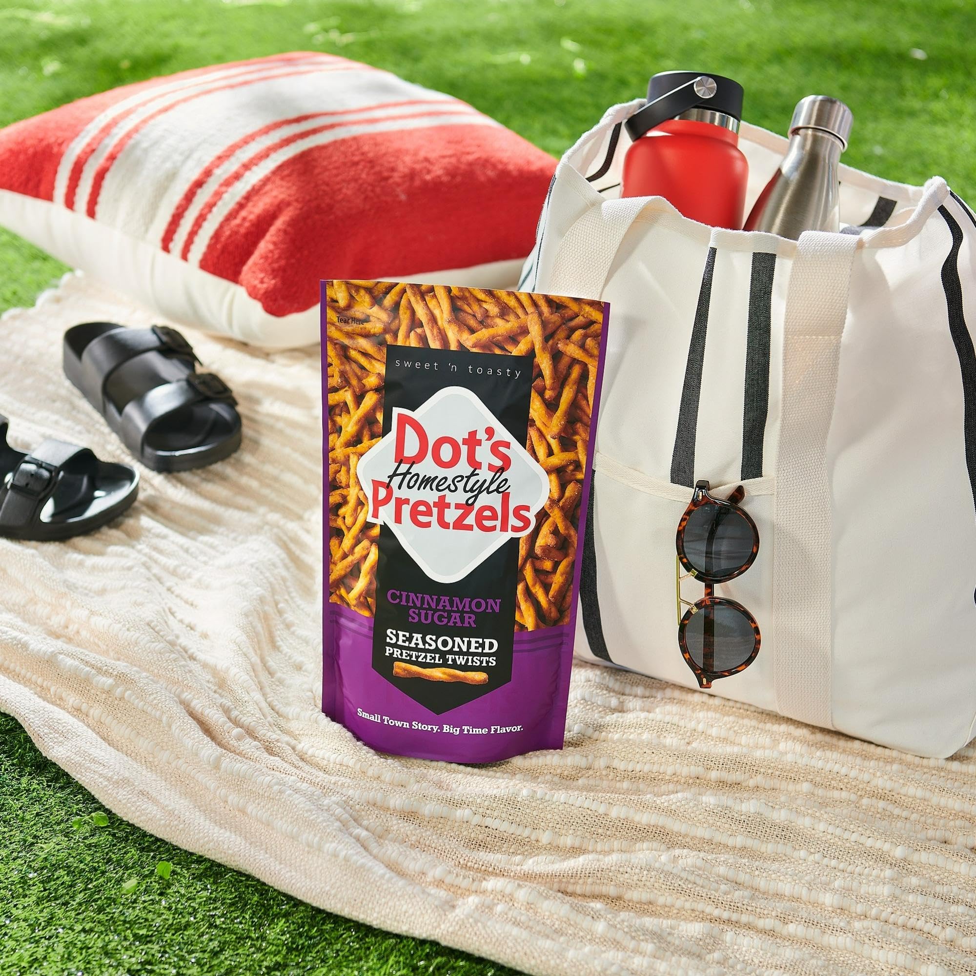 Dot's Pretzels Cinnamon Sugar Twists on a kitchen counter ready for snacking.