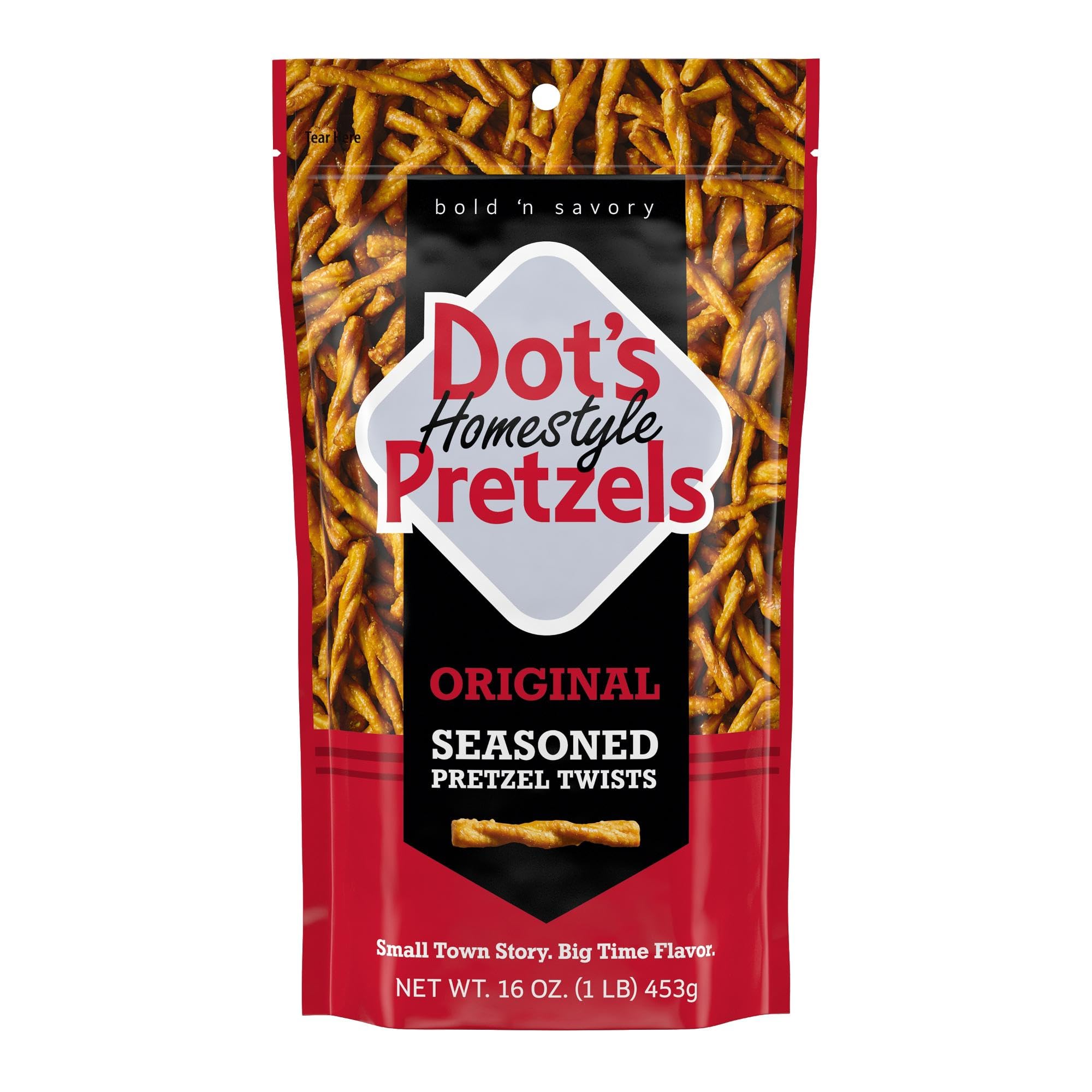 Dot's Pretzels Original Seasoned Twists in a resealable bag for easy snacking.