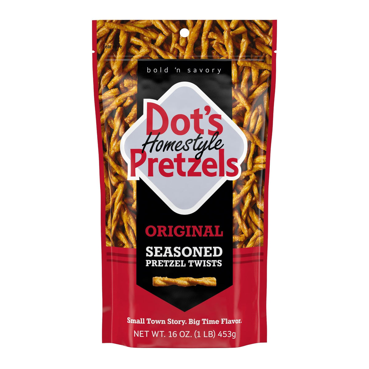 Dot's Pretzels Original Seasoned Twists in a resealable bag for easy snacking.