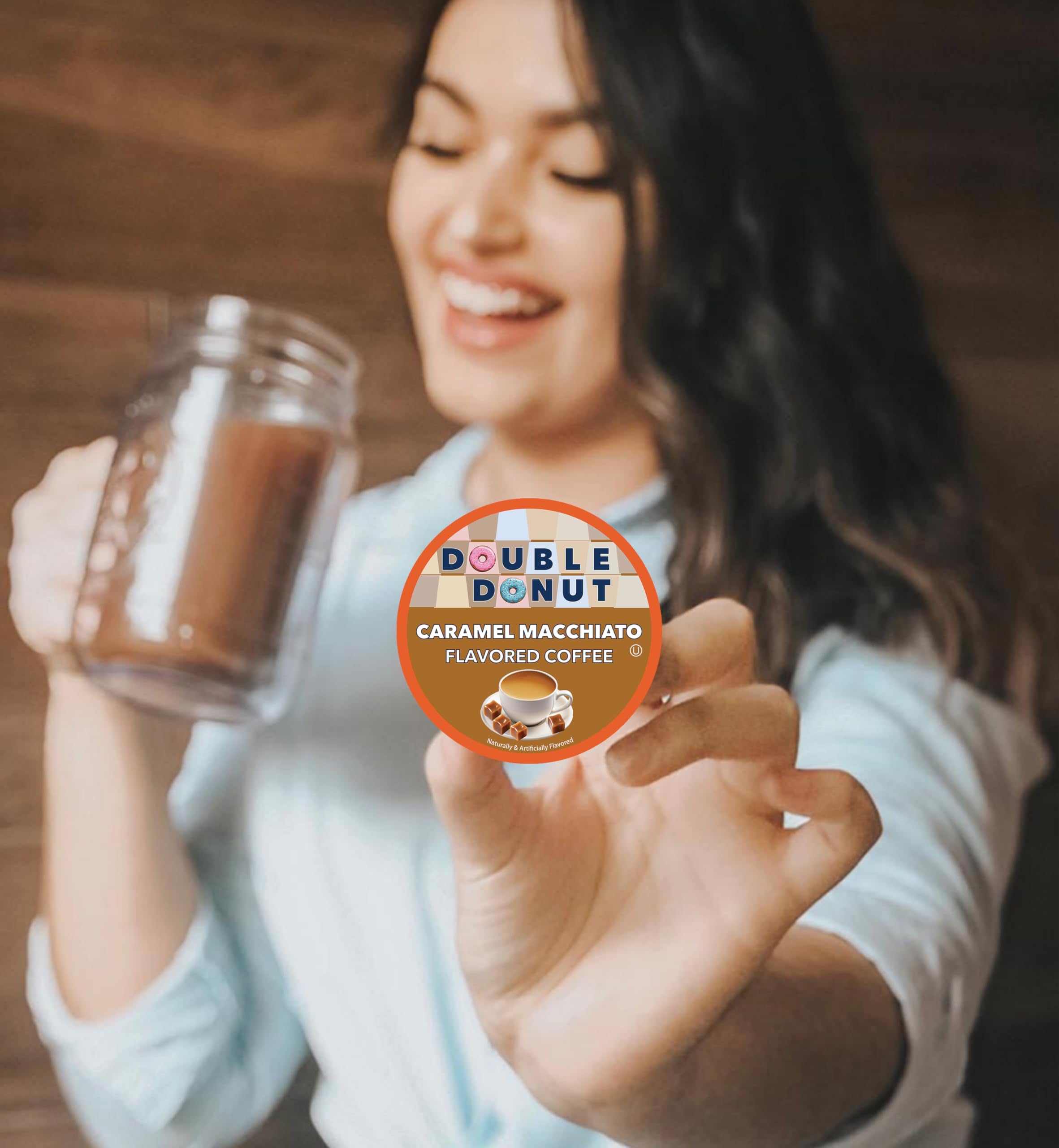 Double Donut Caramel Macchiato pods pour deliver smooth caramel notes quickly