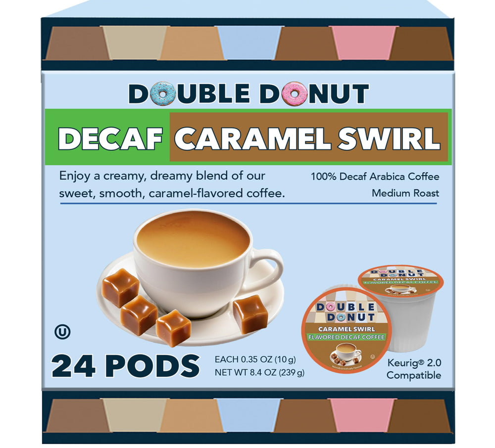 Double Donut Caramel Swirl Decaf Pod ready for Keurig brew, smooth caramel notes.
