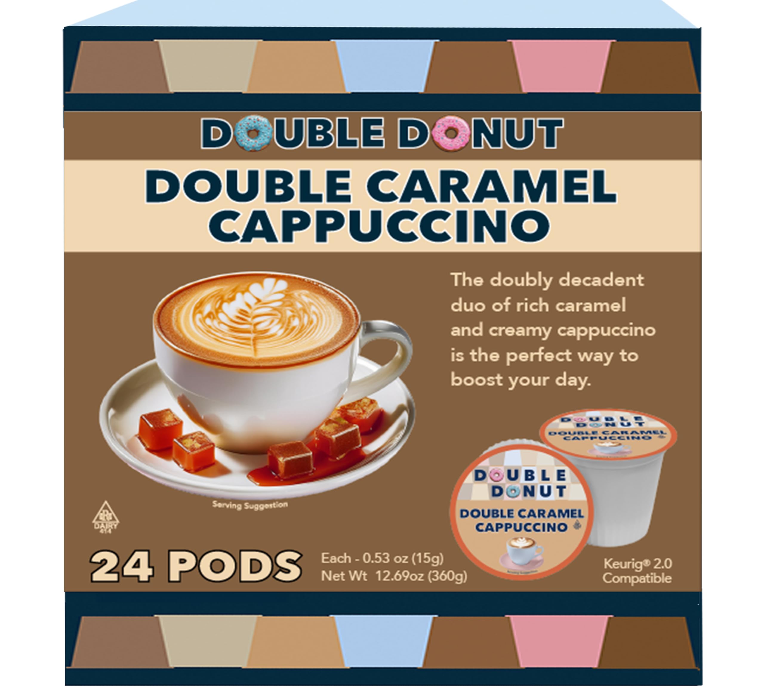 Double Donut cappuccino pods in box, quick morning pleasure.