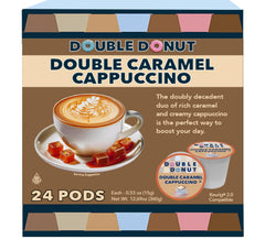 Double Donut cappuccino pods in box, quick morning pleasure.