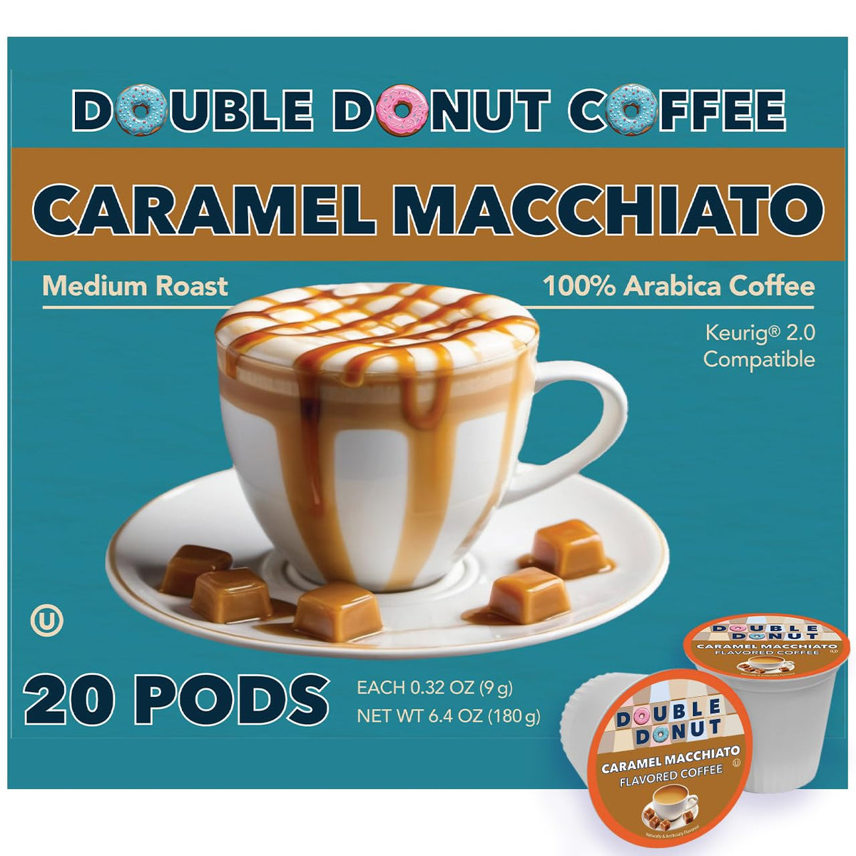 Double Donut caramel macchiato pod close-up with rich aroma for at-home café