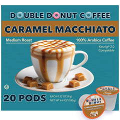 Double Donut caramel macchiato pod close-up with rich aroma for at-home café
