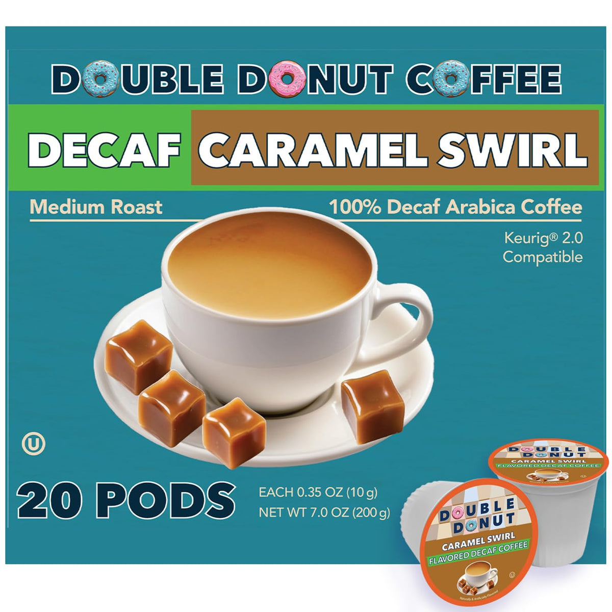 Double Donut Coffee caramel swirl decaf K-Cup pod for a quick indulgent cup.