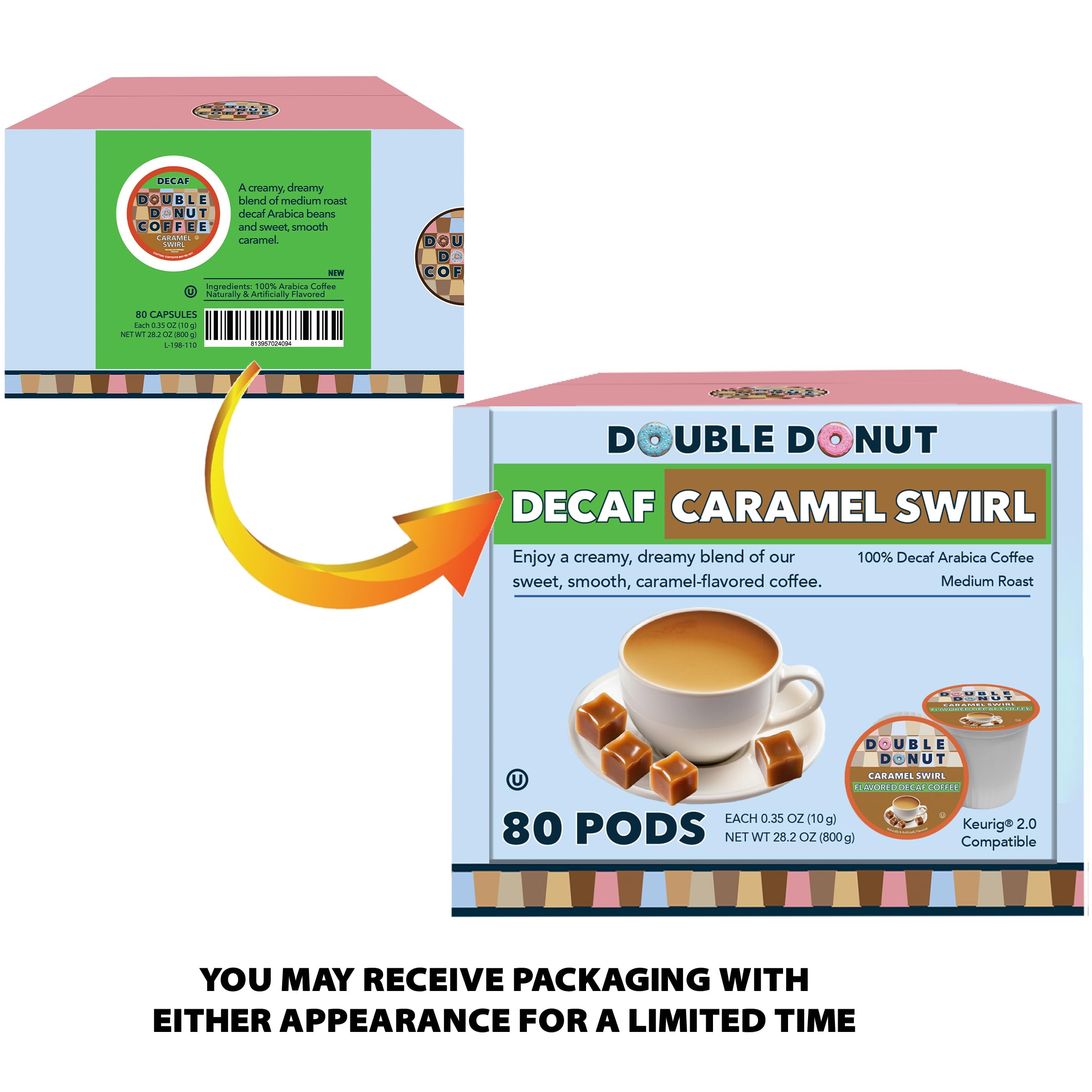 80-count bulk packaging of Double Donut Caramel Swirl Decaf pods on shelf