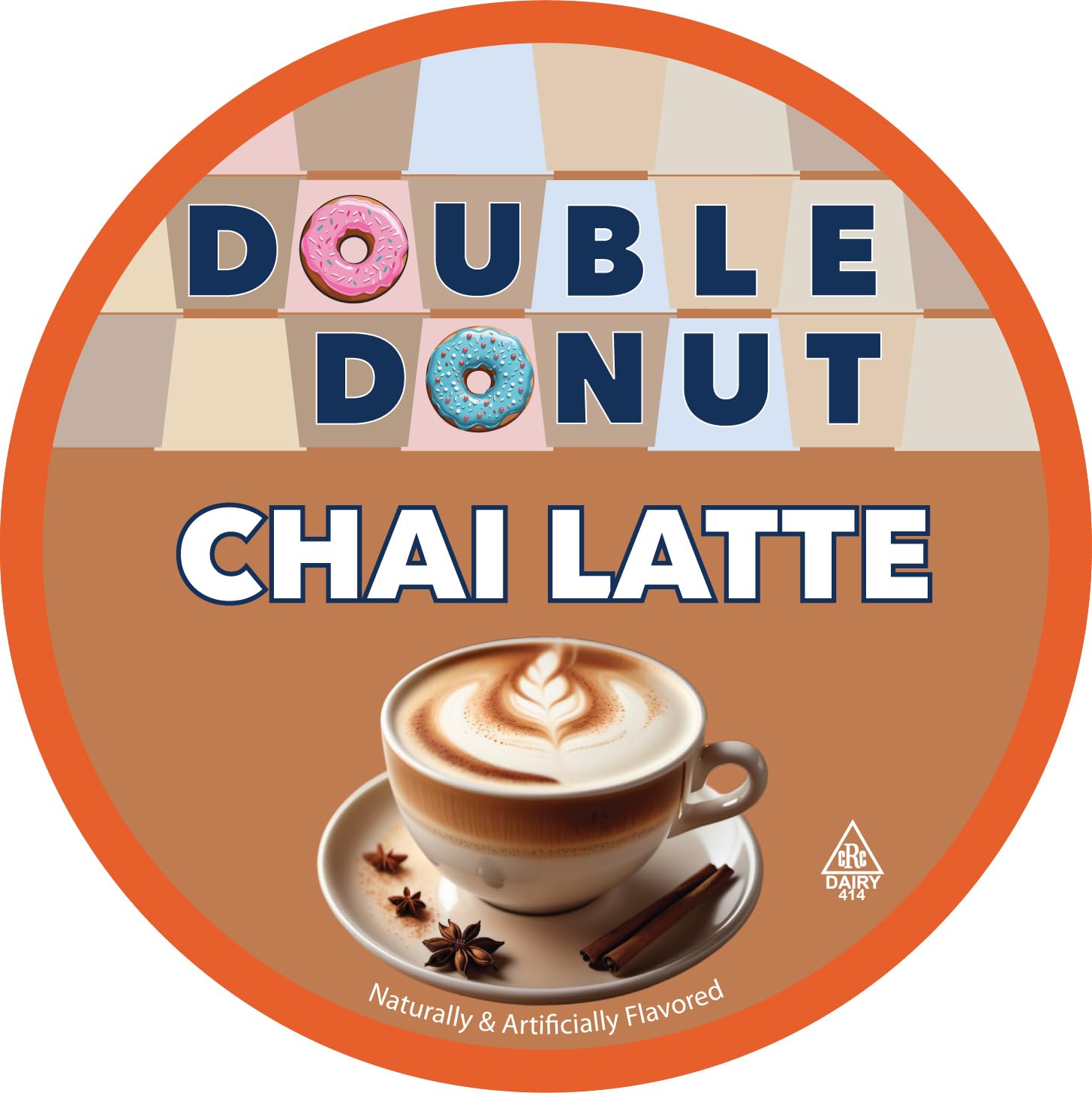 Double Donut Coffee chai latte pod on creamy cup surface, hinting at smooth texture.
