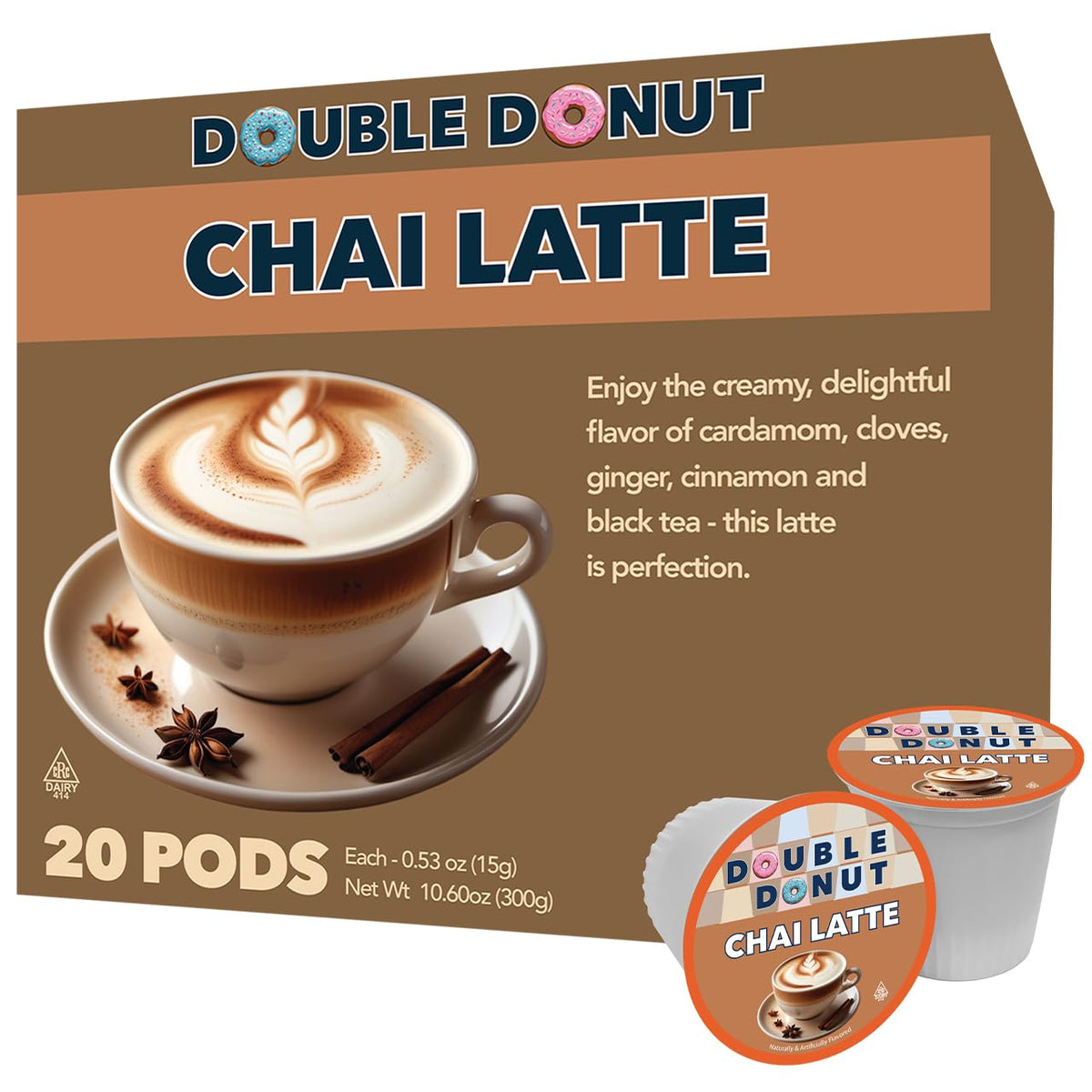 Double Donut Coffee Chai Latte Pod pour close-up, rich spice blend for cafe-style latte at home.