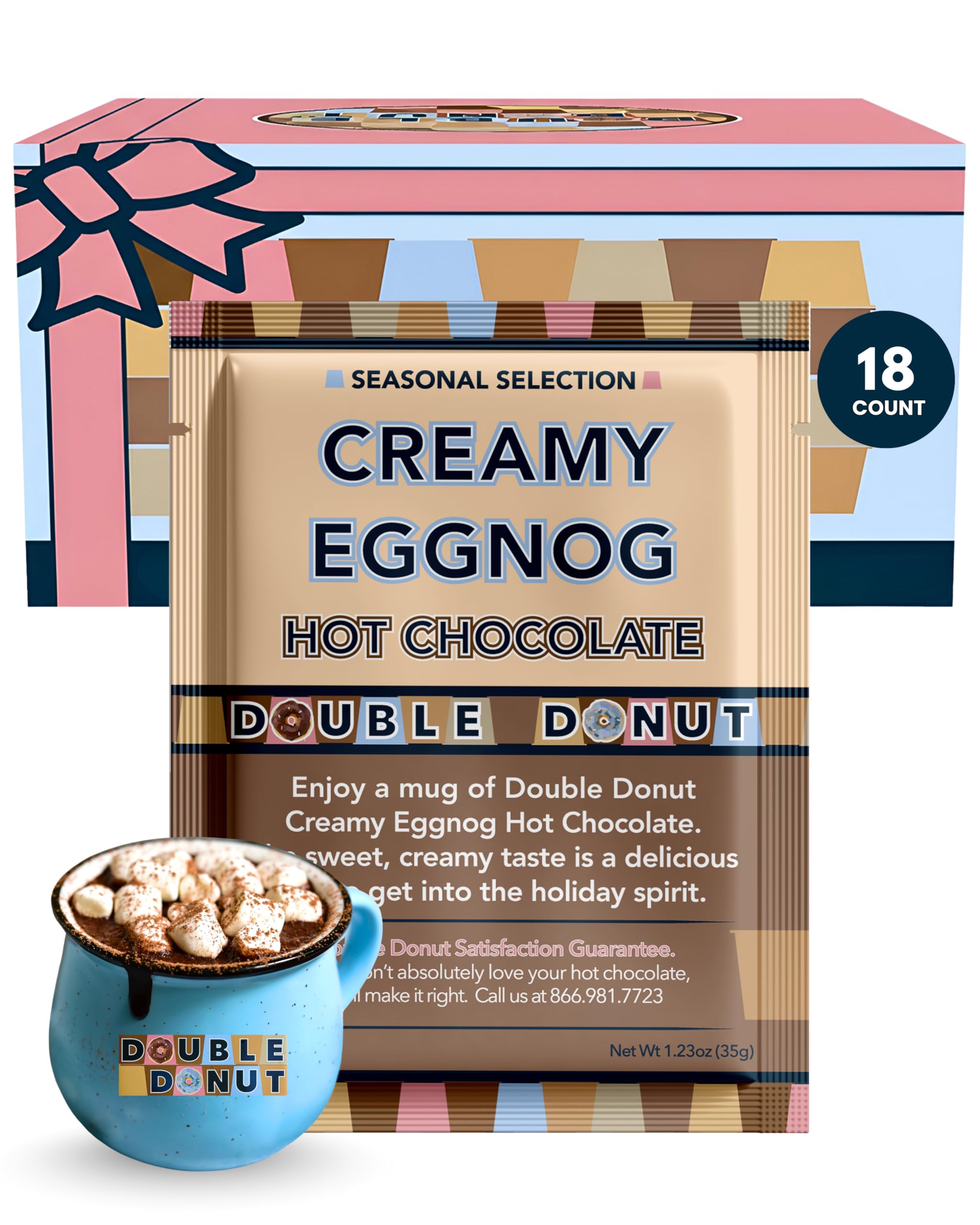 Double Donut Coffee creamy eggnog hot chocolate packets on display.