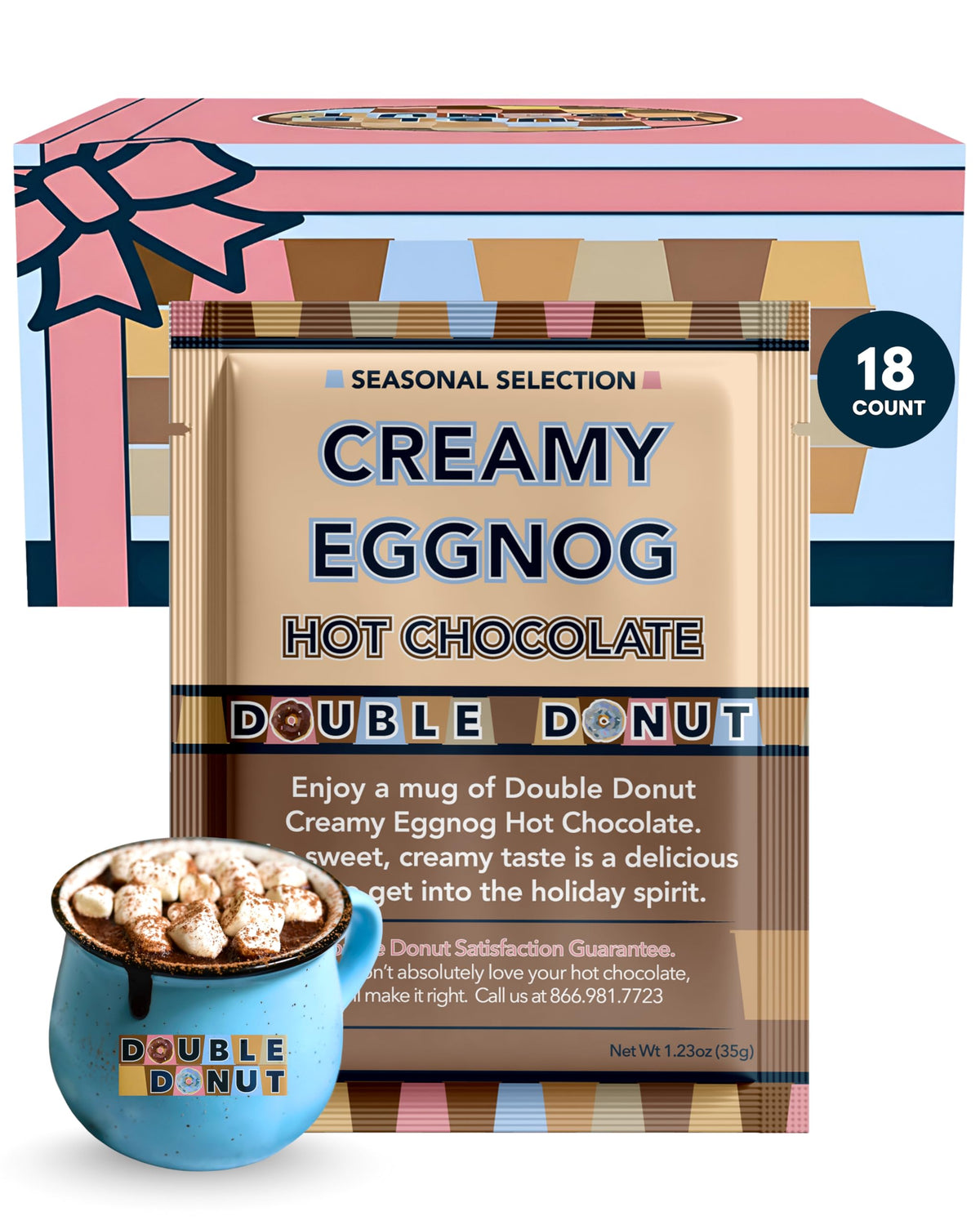 Double Donut Coffee creamy eggnog hot chocolate packets on display.