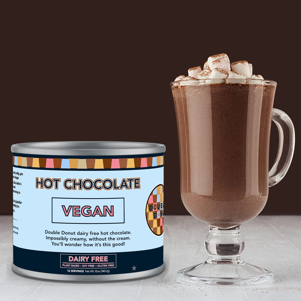 Brand packaging of Double Donut Coffee dairy-free hot chocolate, resealable and store-ready