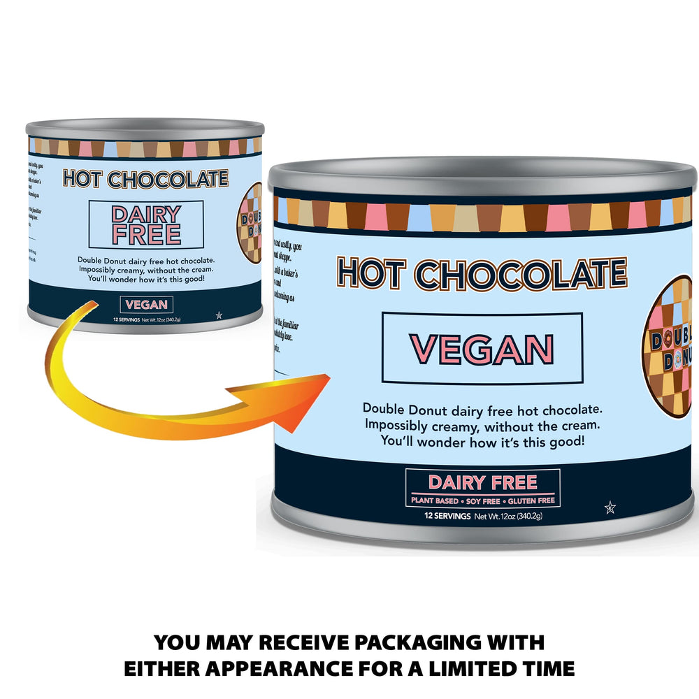 Bulk canister packaging of Double Donut Coffee dairy-free hot chocolate for families