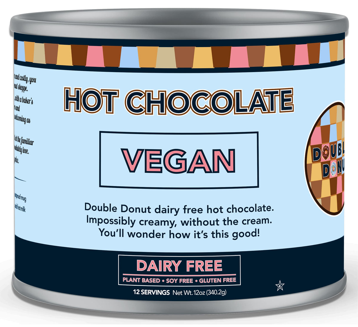 Double Donut Coffee dairy-free hot chocolate canister ready for cozy moments and quick cocoa