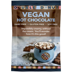 Double Donut Coffee dairy-free hot chocolate packets closeup, creamy vegan indulgence ready to mix.