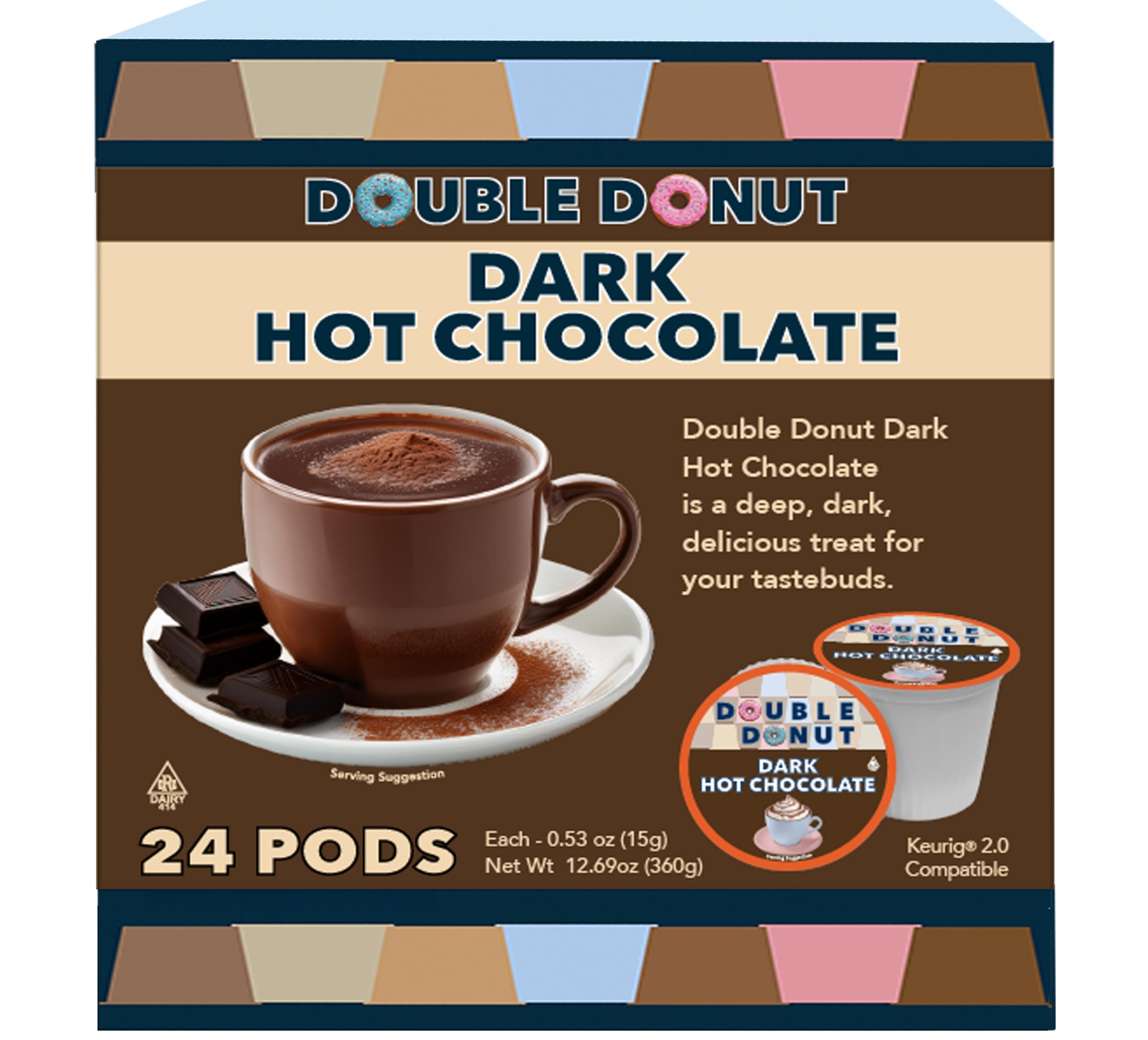Double Donut Coffee dark hot chocolate pods in a box for easy Keurig brewing.