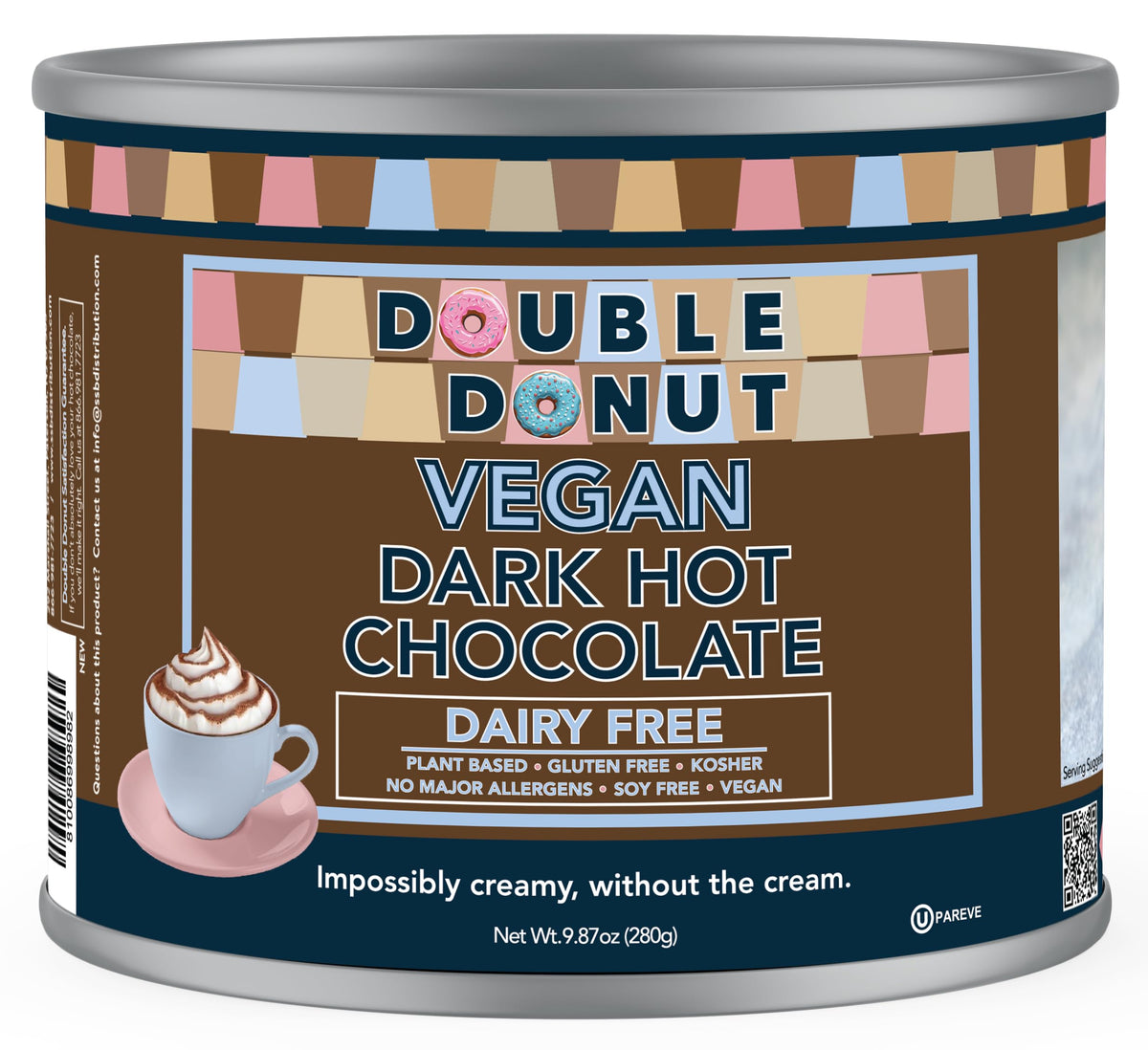Double Donut Coffee dark vegan hot cocoa canister, velvety and dairy-free indulgence.
