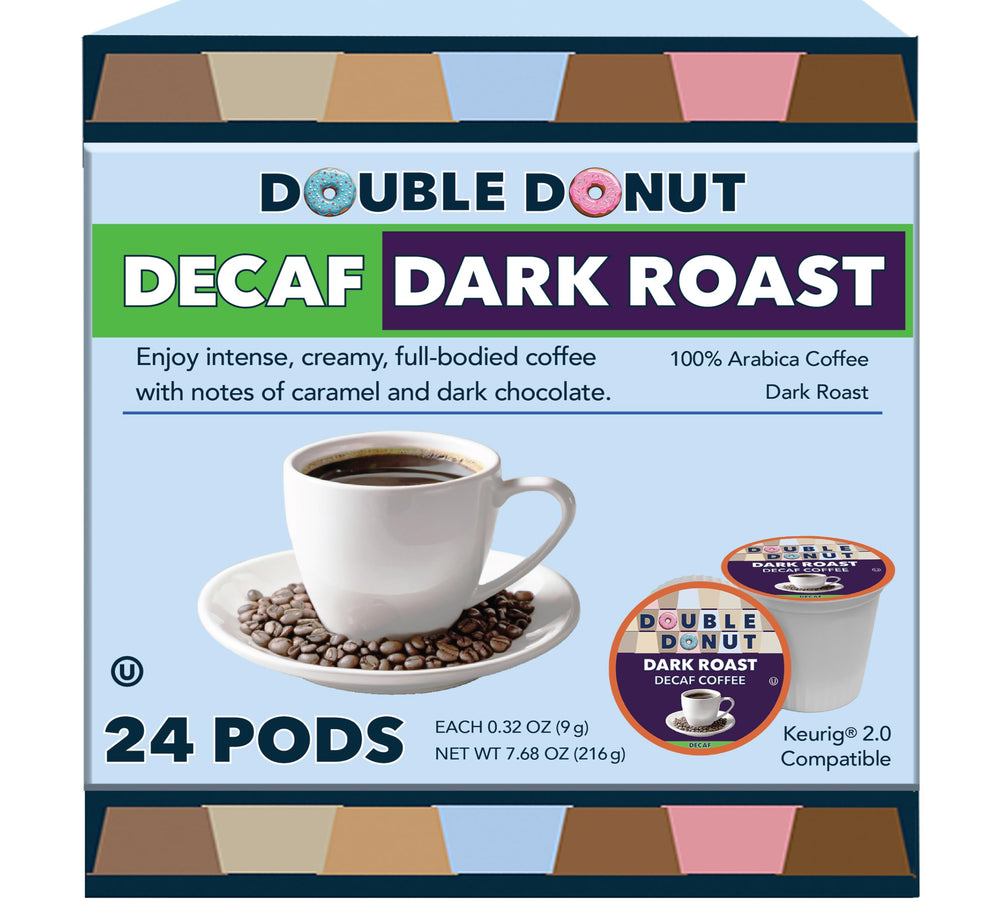 Double Donut Coffee decaf dark roast pods in a cup with bold flavor