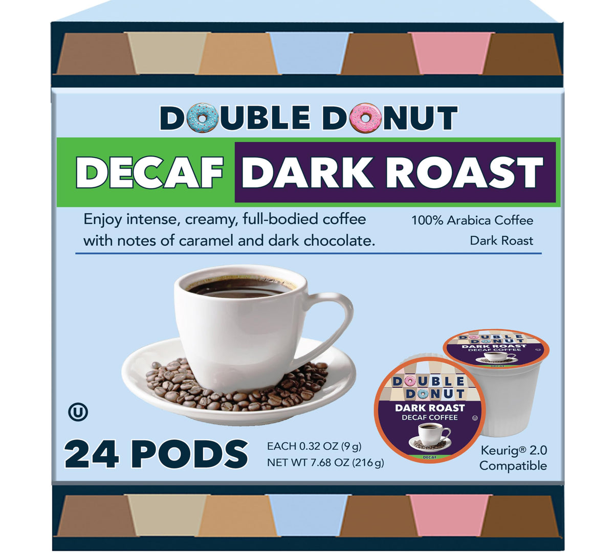 Double Donut Coffee decaf dark roast pods in a cup with bold flavor